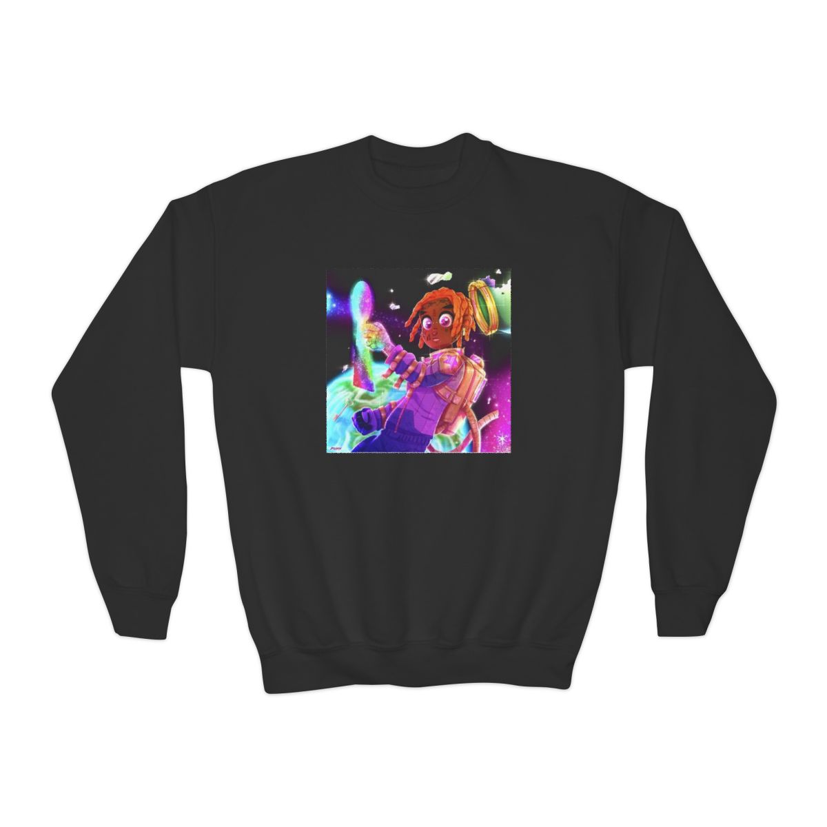 Space DJ Alien graphic Sweatshirt | Neon Cosmic Music Art | Konvy Streamer Merch (Kids) - alternate angle 2, merchandise